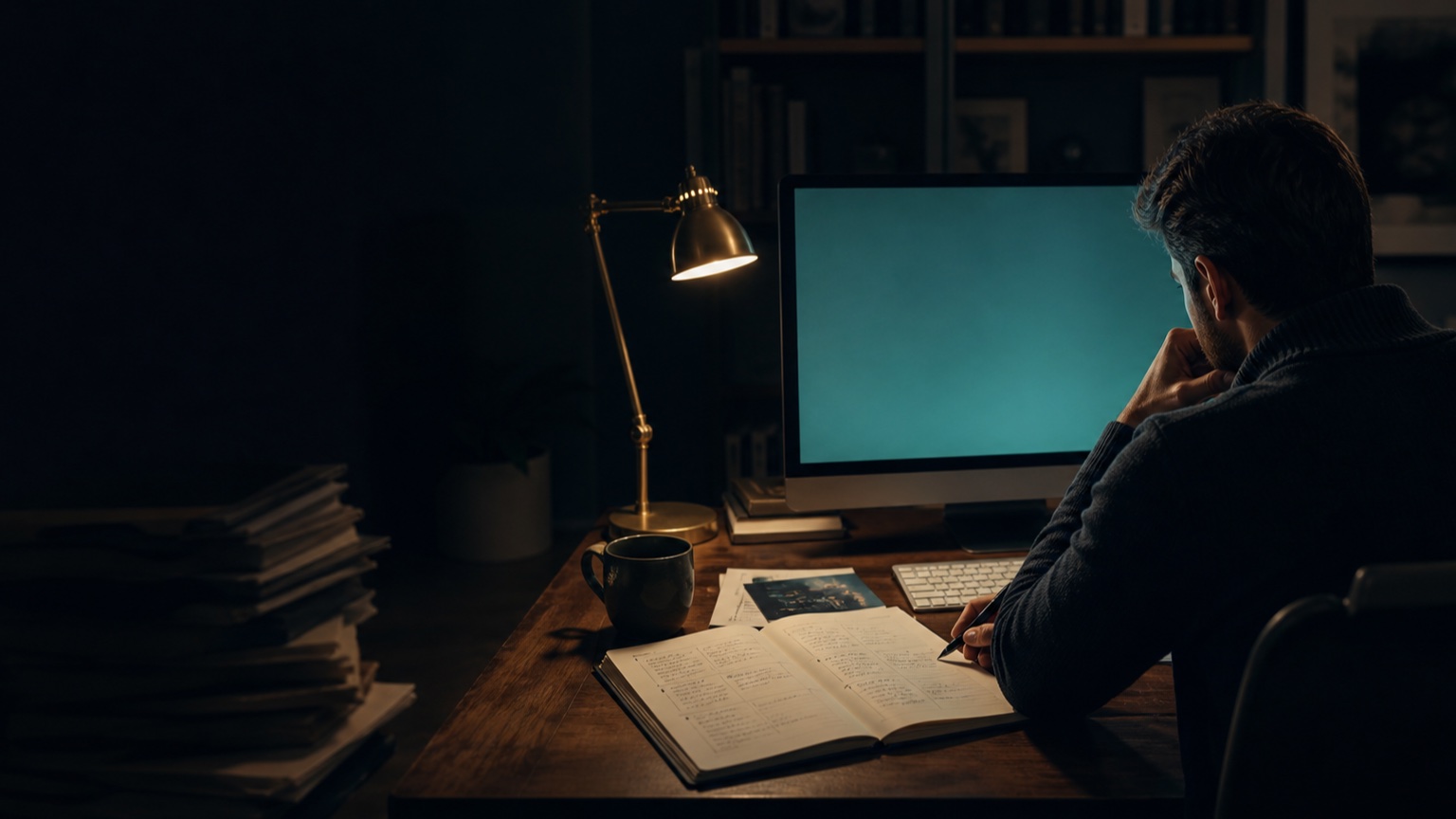 A professional at a late-night desk, preparing a structured brief beside a teal-lit computer screen.