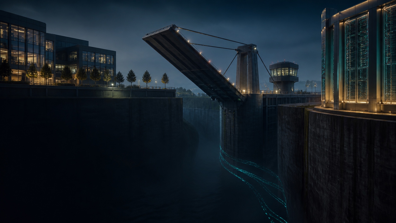 A raised drawbridge separates a modern organisation from a luminous data vault across a deep moat