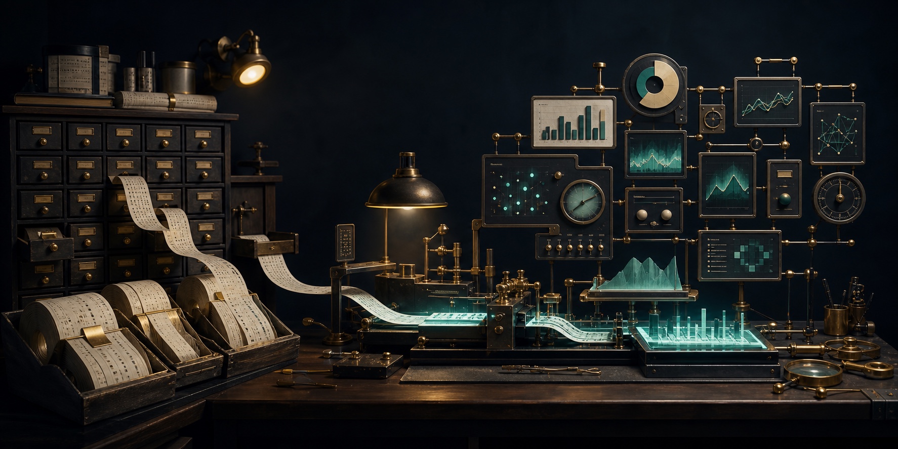 Managed data extracts feed a workshop where dashboards and analytical tools are assembled as precise instruments