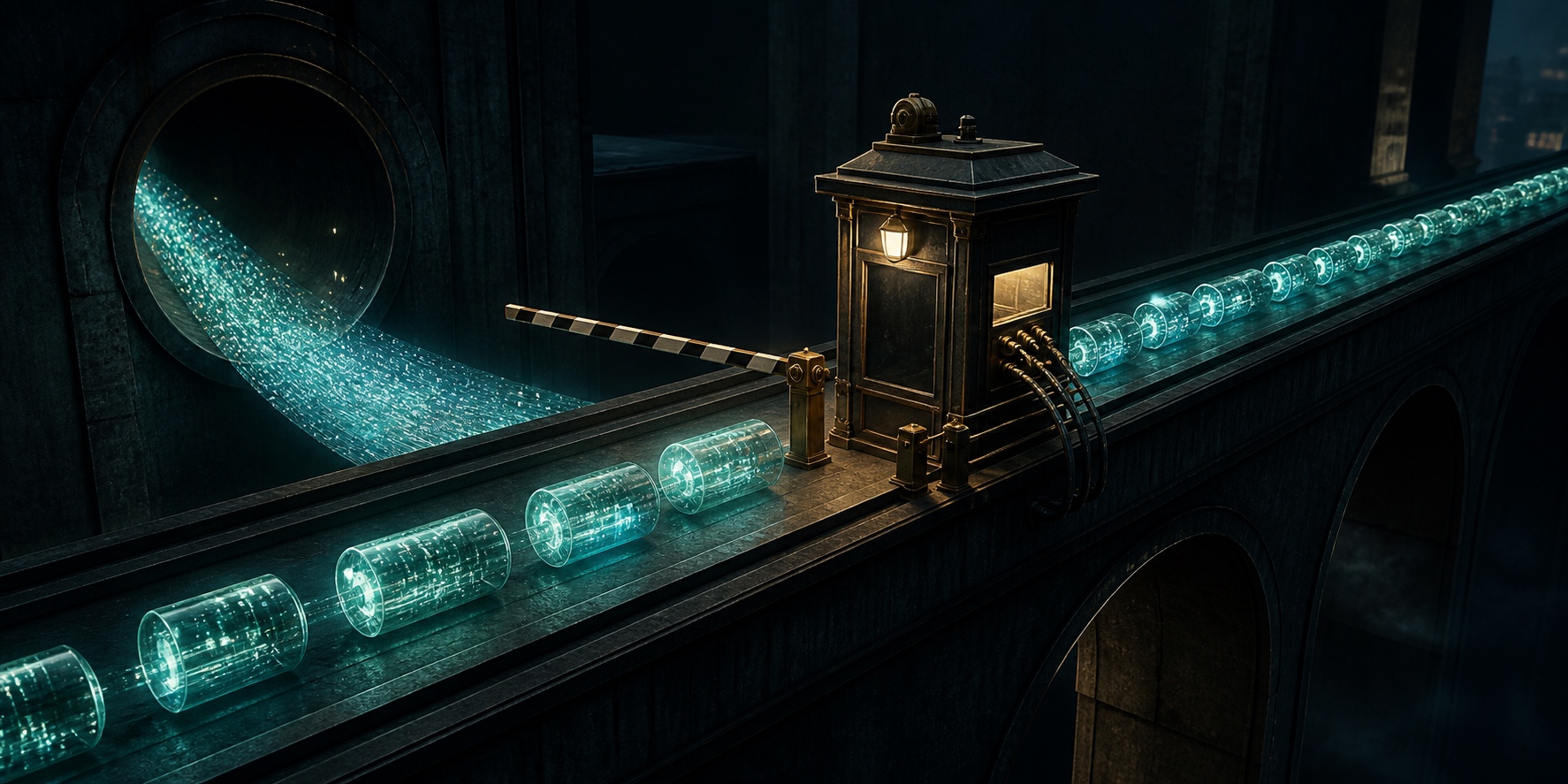 A tiny formal toll booth blocks a bright stream of live data capsules crossing an industrial conduit