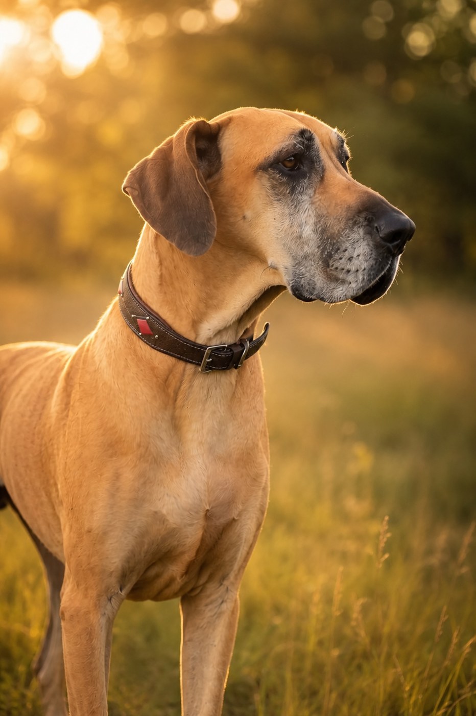 Freyja, a fawn Great Dane, standing in golden evening light in a meadow