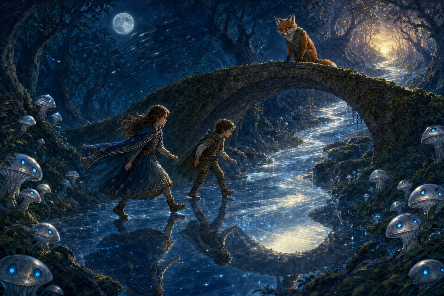 Mara and Finn cross the shining reflection of a stone bridge while a waistcoated fox watches from above.