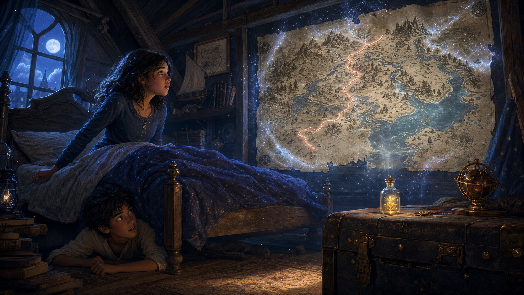 Mara and Finn watch an old map wake in a moonlit attic as a golden dawnseed glows nearby.
