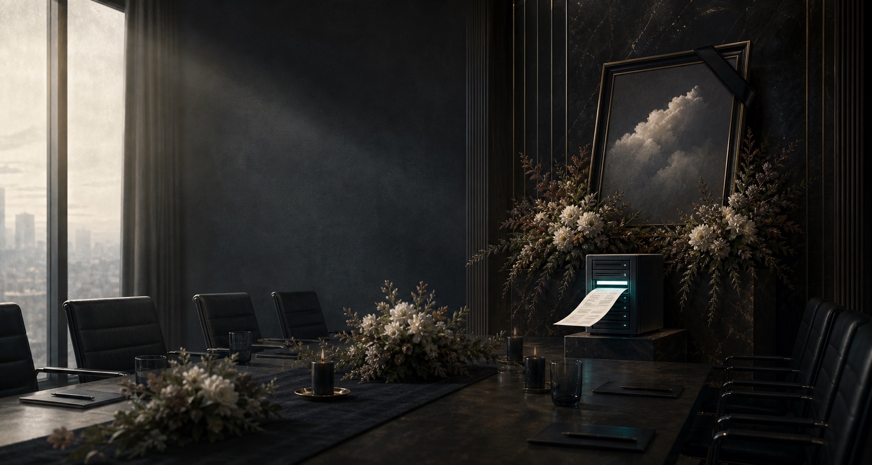 A modern boardroom arranged for the premature funeral of a software service that is still issuing invoices