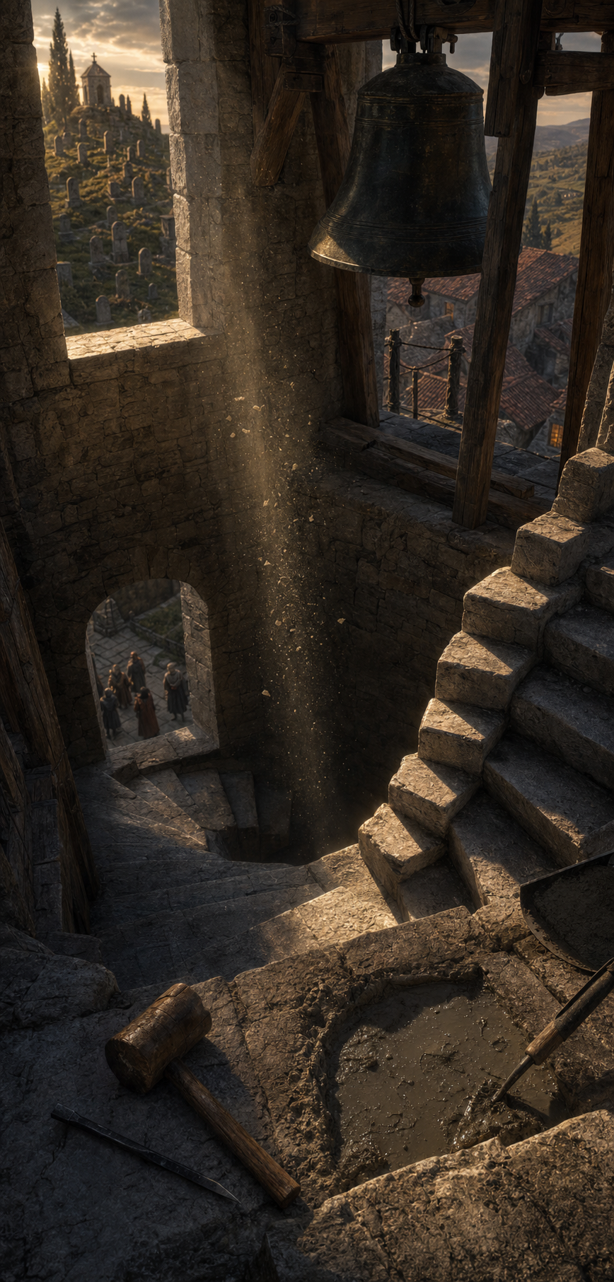 Dust falls through a bell tower stairwell as the old stone stair settles into true geometry.