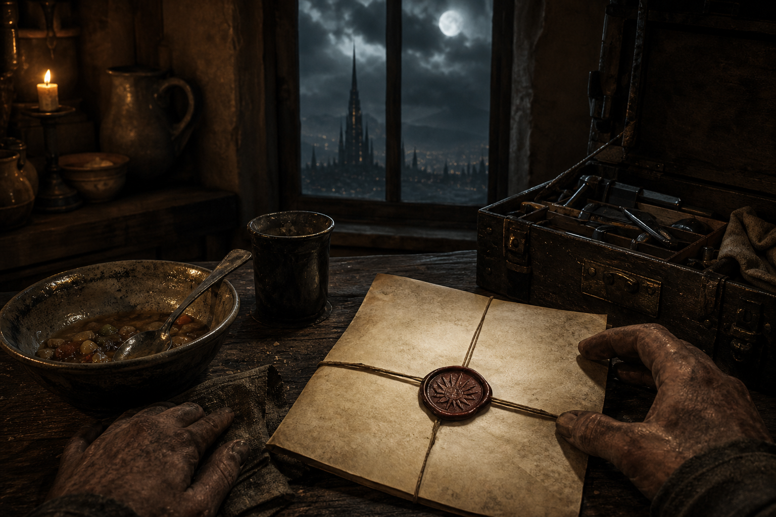 A sealed Republic summons beside stew and a closer's kit, with a distant city spire beyond the window.