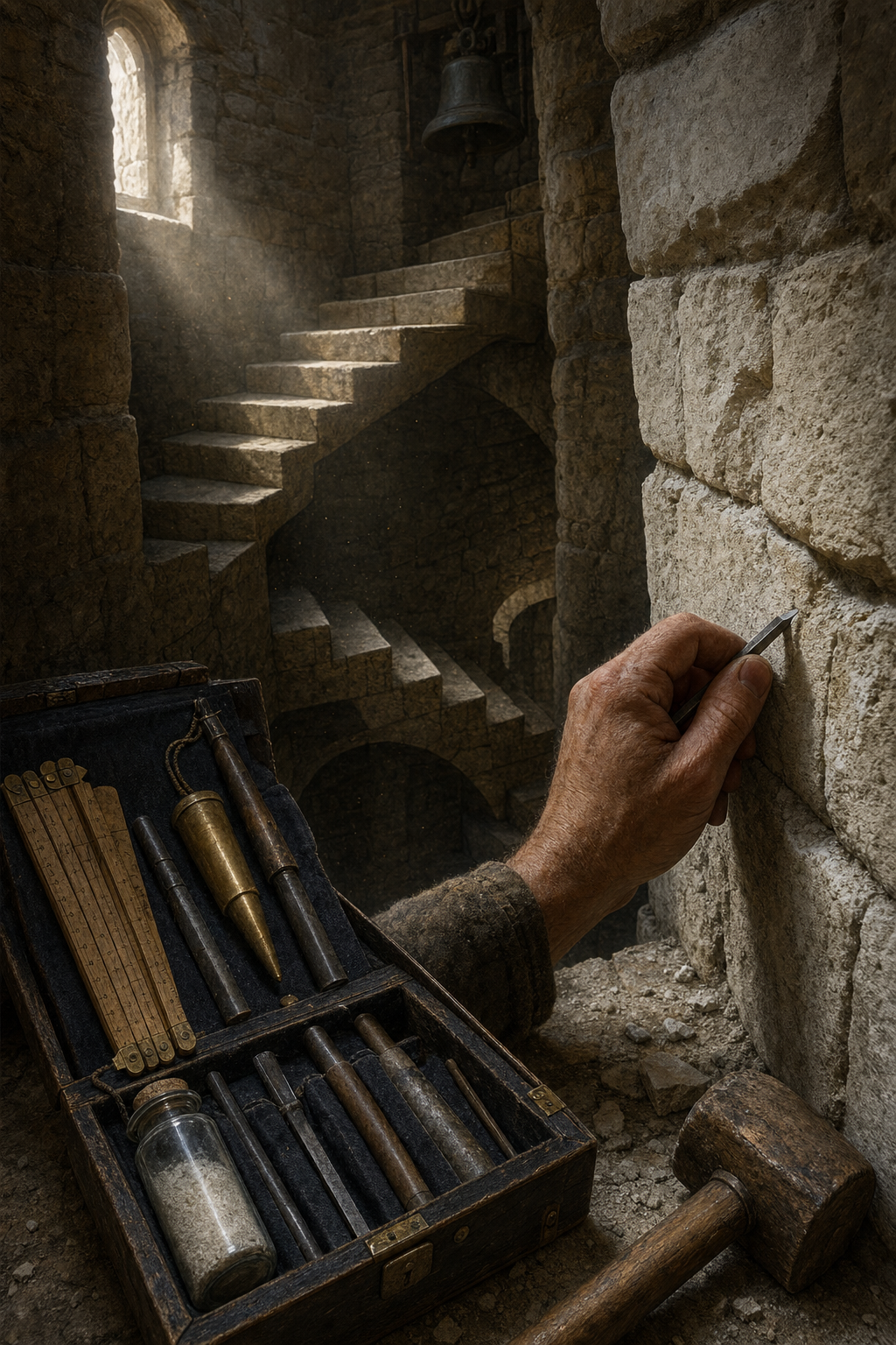 A chisel and closer's kit inside the impossible stair of an unfinished bell tower.