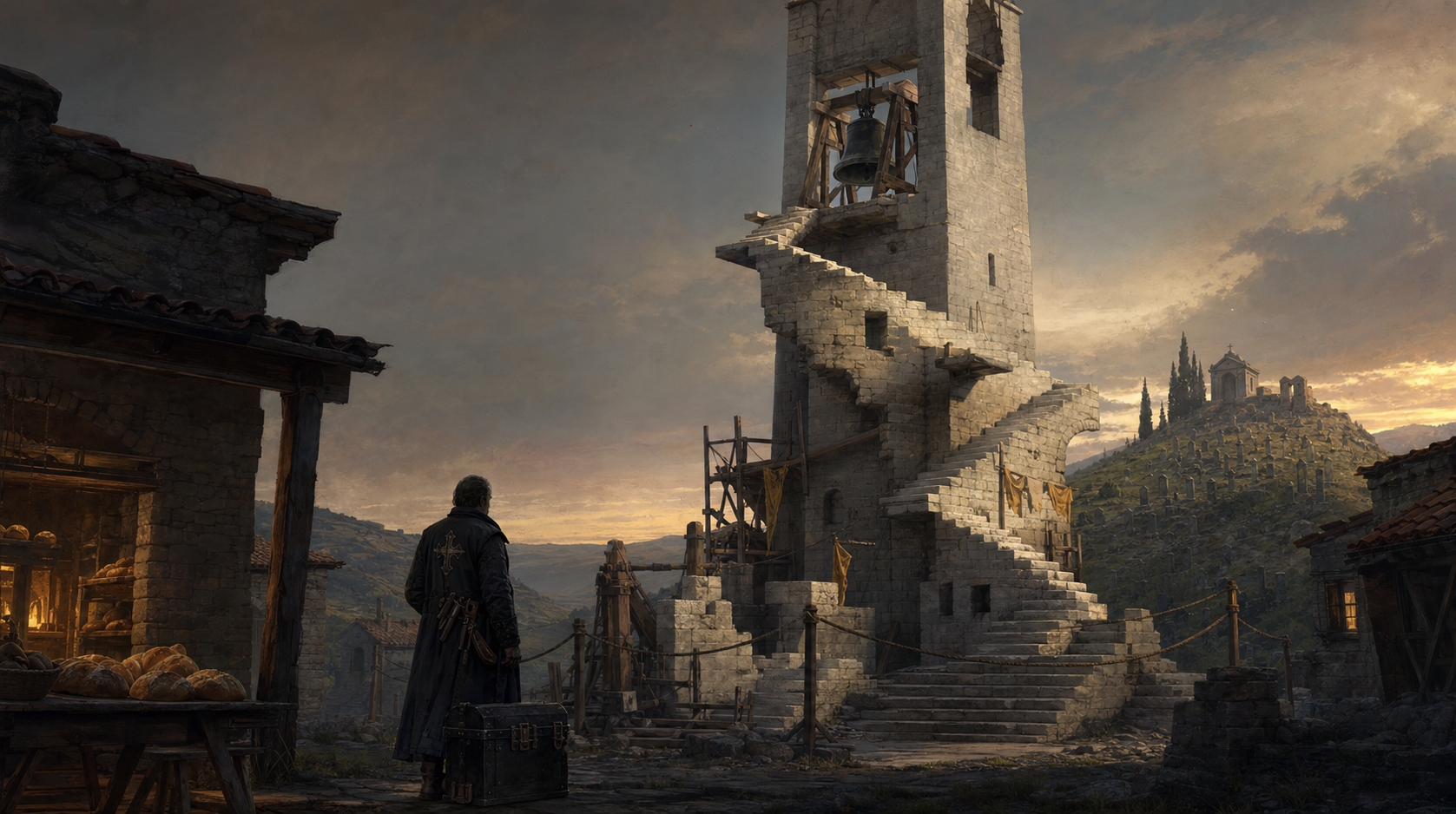 An unfinished village bell tower whose stair folds impossible space at dusk.