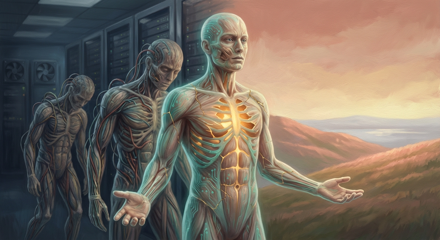 Cover art: figures of a body emerging from a server room into an open landscape
