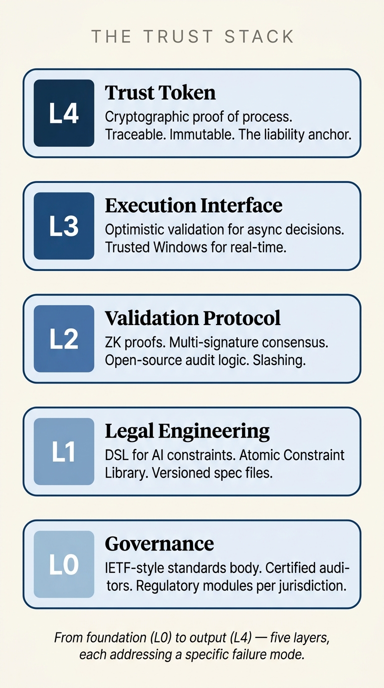 The five-layer Trust Stack from L4 Trust Token at the top down to L0 Governance at the base.