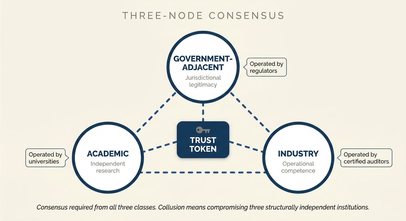 Three-node consensus network: Government-adjacent, Academic, and Industry validators all link to the central Trust Token.