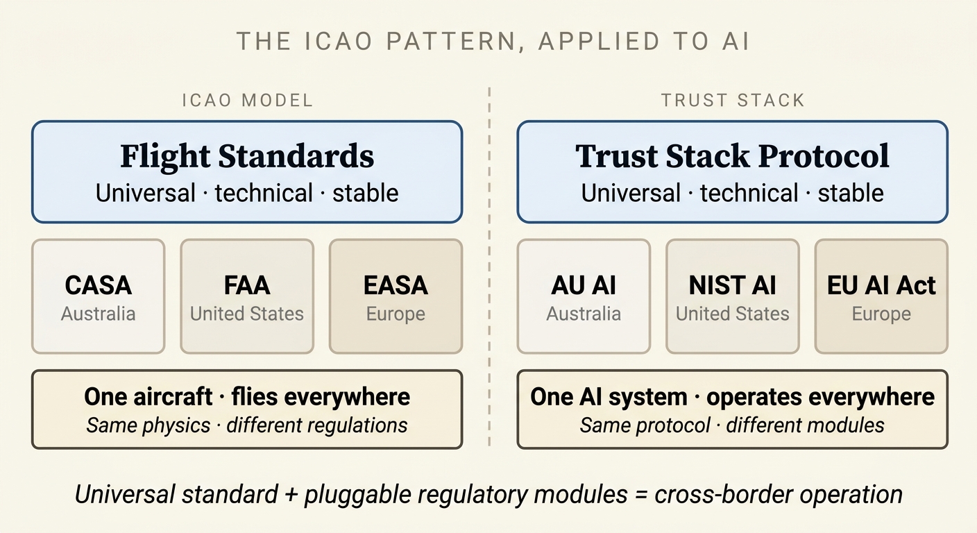 The ICAO pattern applied to AI: Flight Standards on the left with CASA, FAA, EASA modules; Trust Stack Protocol on the right with AU AI, NIST AI, EU AI Act modules.