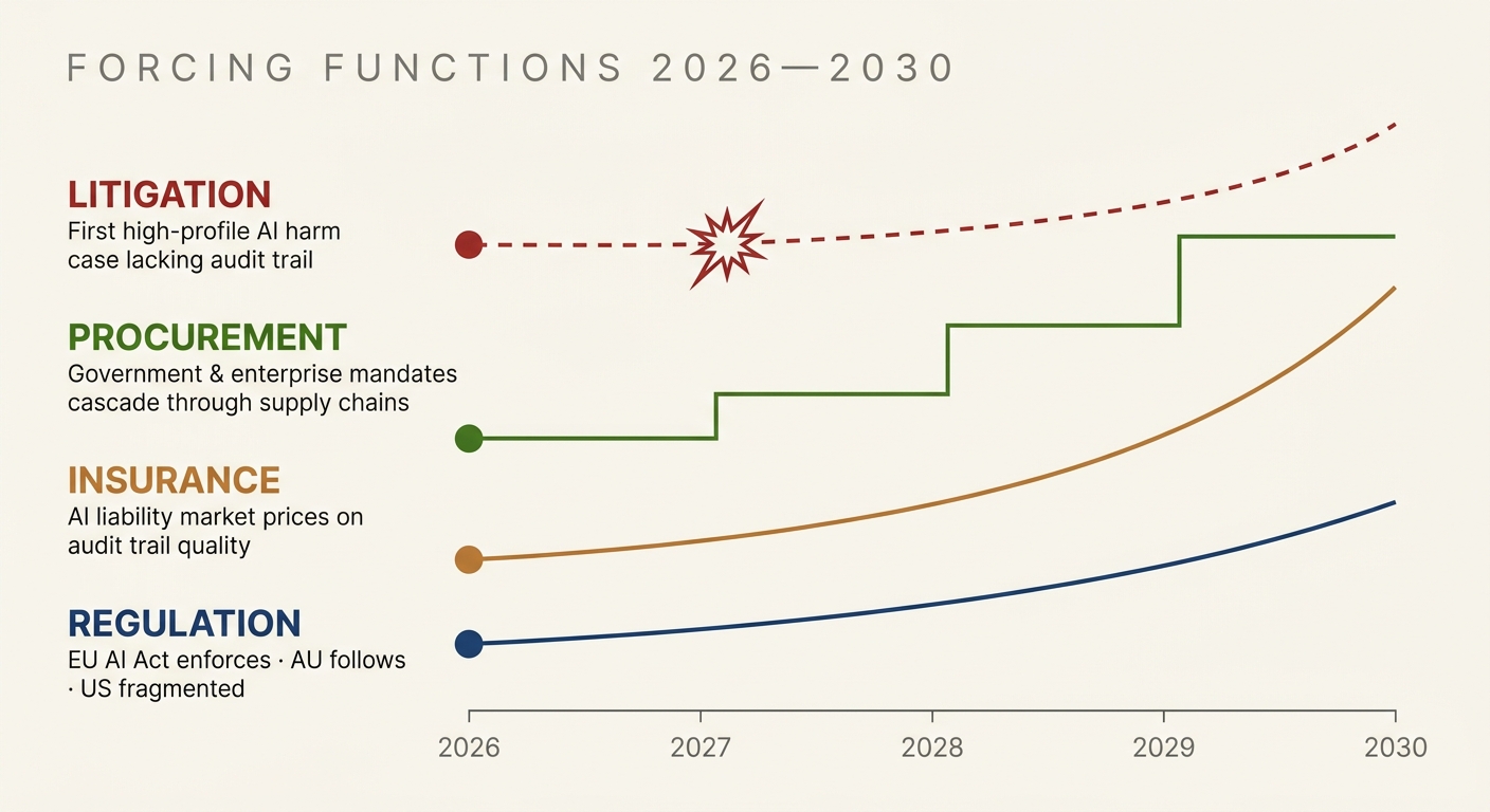 Four forcing functions across 2026 to 2030: regulation, insurance, procurement, and litigation, each with different trajectories.