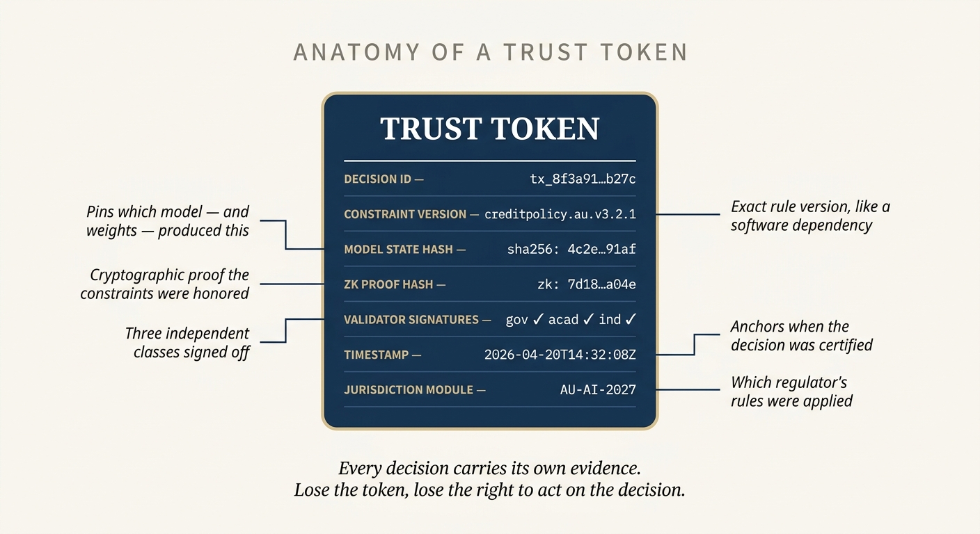 Anatomy of a Trust Token: showing decision ID, constraint version, model state hash, ZK proof hash, validator signatures, timestamp, and jurisdiction module.